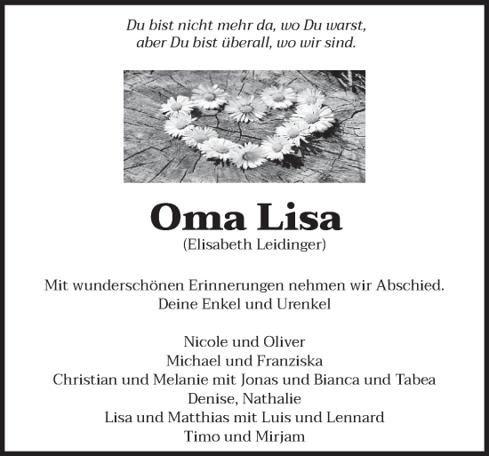 Todesanzeige von Elisabeth Leidinger von saarbruecker_zeitung