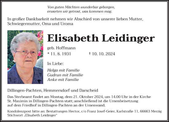 Todesanzeige von Elisabeth Leidinger von saarbruecker_zeitung