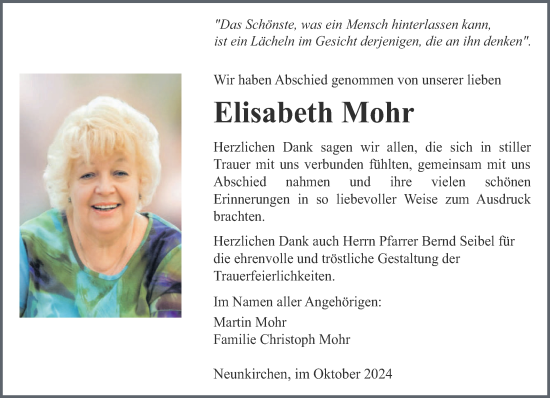 Todesanzeige von Elisabeth Mohr von saarbruecker_zeitung