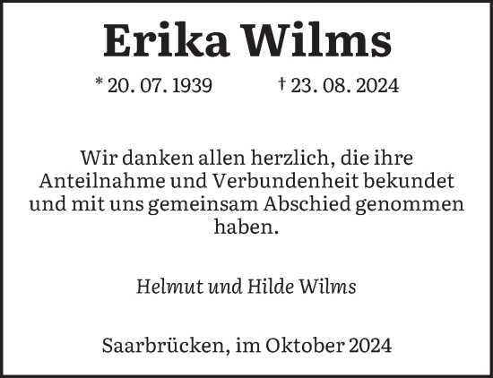 Todesanzeige von Erika Wilms von saarbruecker_zeitung