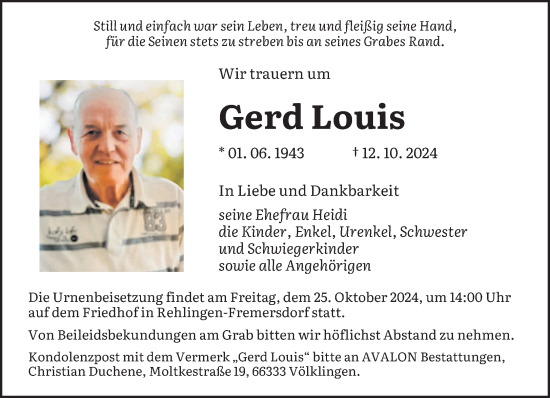 Todesanzeige von Gerd Louis von saarbruecker_zeitung