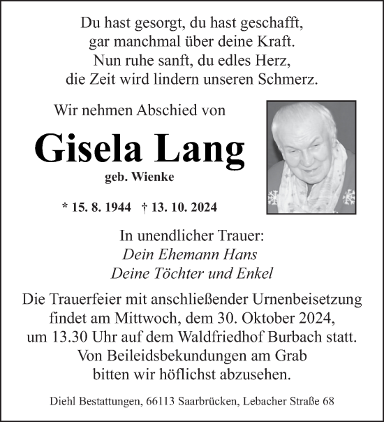 Todesanzeige von Gisela Lang von saarbruecker_zeitung