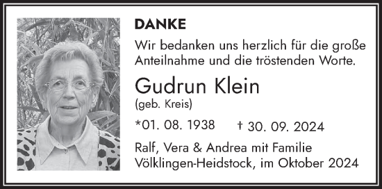 Todesanzeige von Gudrun Klein von saarbruecker_zeitung