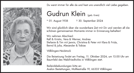 Todesanzeige von Gudrun Klein von saarbruecker_zeitung