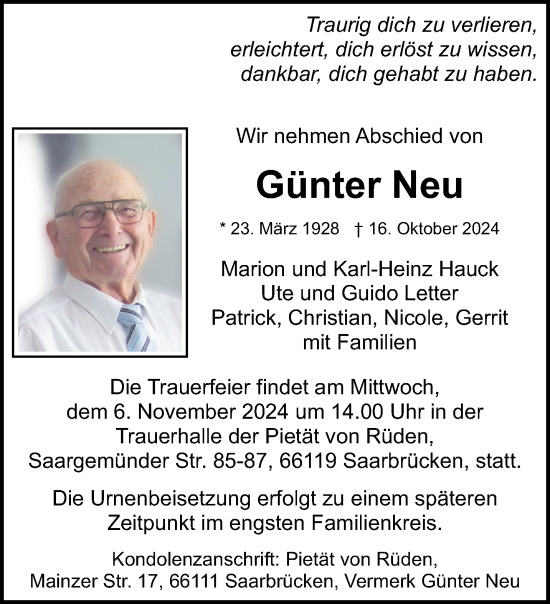 Todesanzeige von Günter Neu von saarbruecker_zeitung