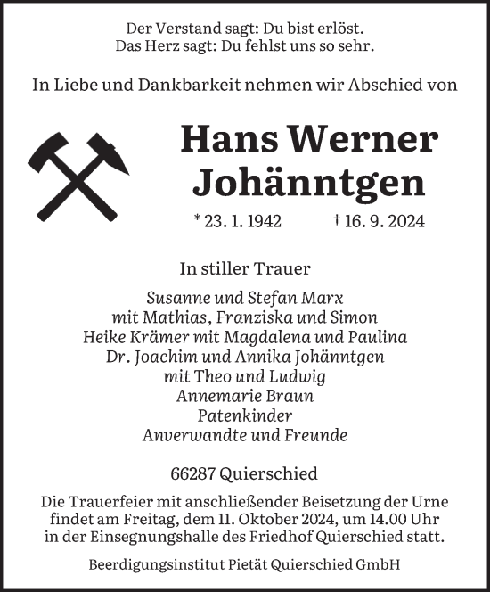 Todesanzeige von Hans Werner Johänntgen von saarbruecker_zeitung