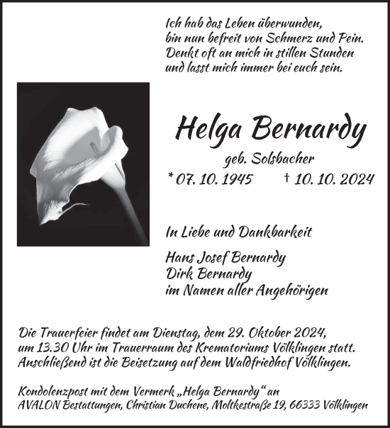 Todesanzeige von Helga Bernardy von saarbruecker_zeitung