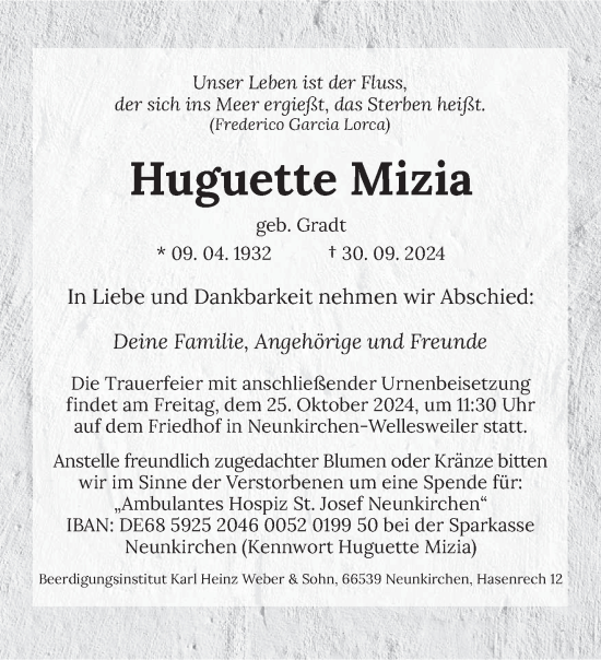 Todesanzeige von Huguette Mizia von saarbruecker_zeitung