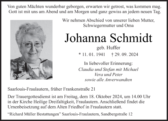 Todesanzeige von Johanna Schmidt von saarbruecker_zeitung