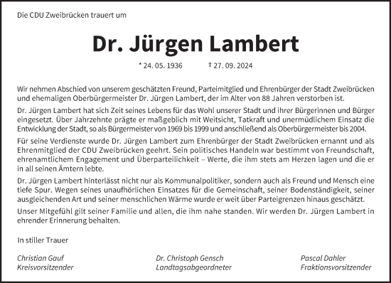 Todesanzeige von Jürgen Lambert von saarbruecker_zeitung