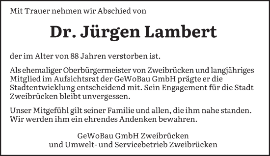 Todesanzeige von Jürgen Lambert von saarbruecker_zeitung