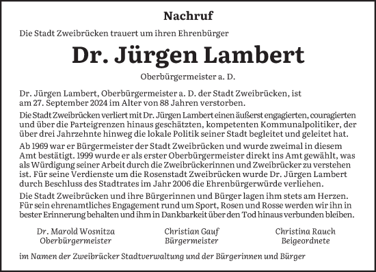 Todesanzeige von Jürgen Lambert von saarbruecker_zeitung