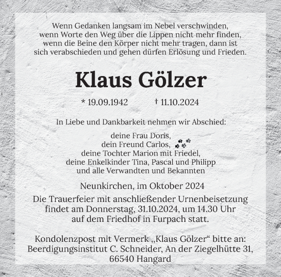 Todesanzeige von Klaus Gölzer von saarbruecker_zeitung