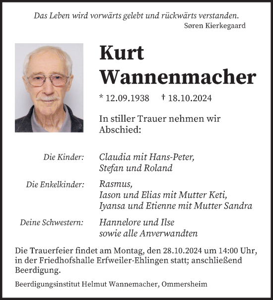 Todesanzeige von Kurt Wannenmacher von saarbruecker_zeitung