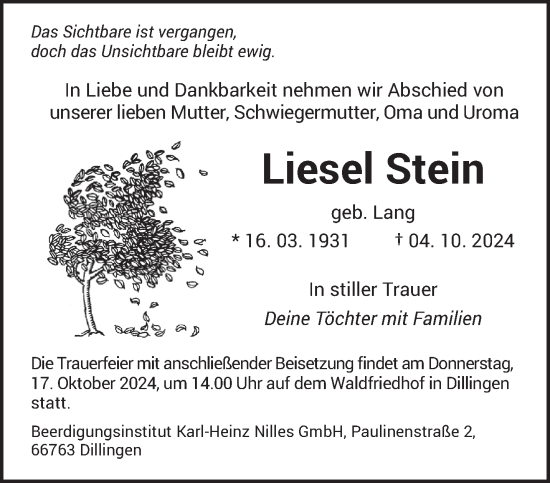 Todesanzeige von Liesel Stein von saarbruecker_zeitung