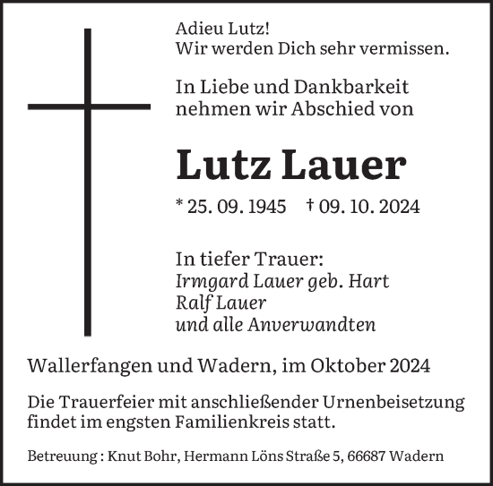 Todesanzeige von Lutz Lauer von saarbruecker_zeitung