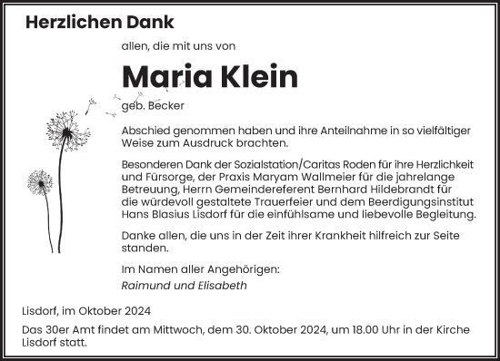 Todesanzeige von Maria Klein von saarbruecker_zeitung