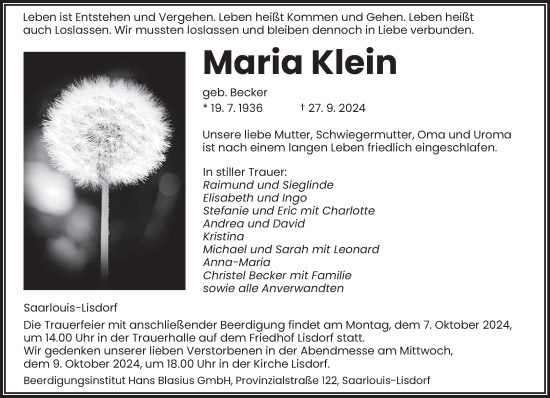 Todesanzeige von Maria Klein von saarbruecker_zeitung
