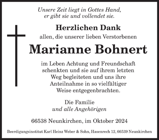 Todesanzeige von Marianne Bohnert von saarbruecker_zeitung