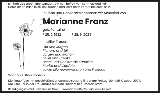 Todesanzeige von Marianne Franz von saarbruecker_zeitung