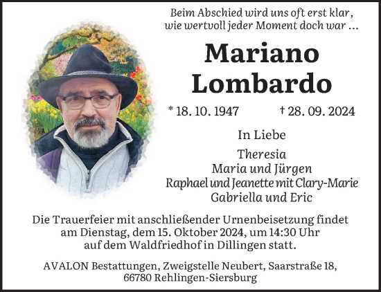 Todesanzeige von Mariano Lombardo von saarbruecker_zeitung