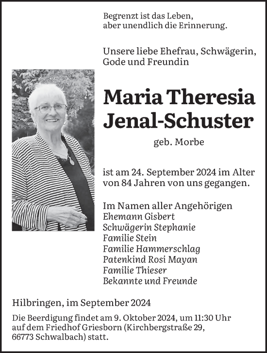 Todesanzeige von Maria Theresia Jenal-Schuster von saarbruecker_zeitung