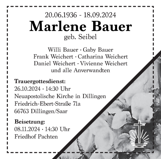 Todesanzeige von Marlene Bauer von saarbruecker_zeitung