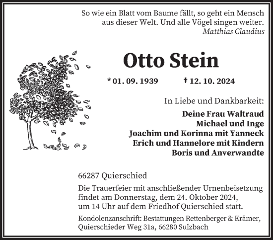 Todesanzeige von Otto Stein von saarbruecker_zeitung