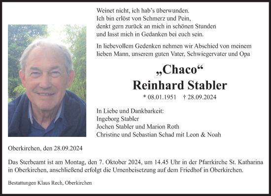 Todesanzeige von Reinhard Stabler von saarbruecker_zeitung