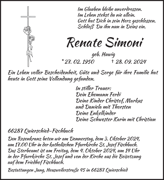Todesanzeige von Renate Simoni von saarbruecker_zeitung