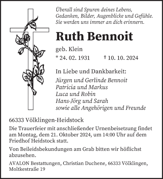 Todesanzeige von Ruth Bennoit von saarbruecker_zeitung