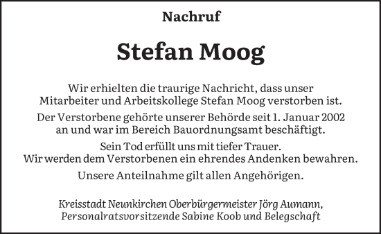 Todesanzeige von Stefan Moog von saarbruecker_zeitung