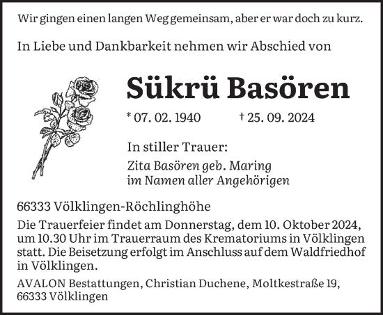 Todesanzeige von Sükrü Basören von saarbruecker_zeitung