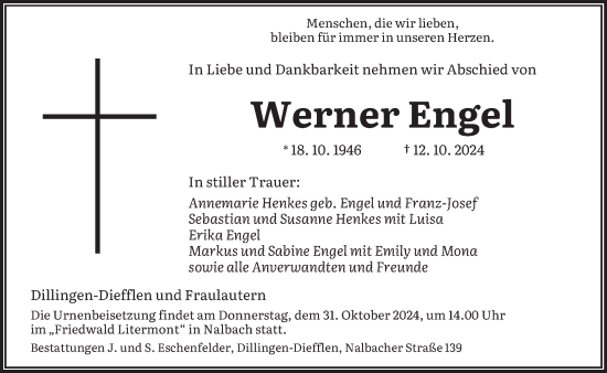 Todesanzeige von Werner Engel von saarbruecker_zeitung