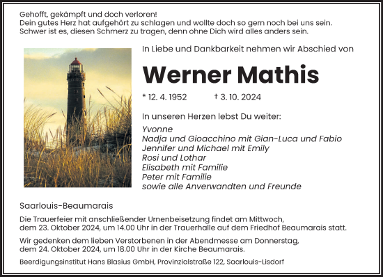 Todesanzeige von Werner Mathis von saarbruecker_zeitung