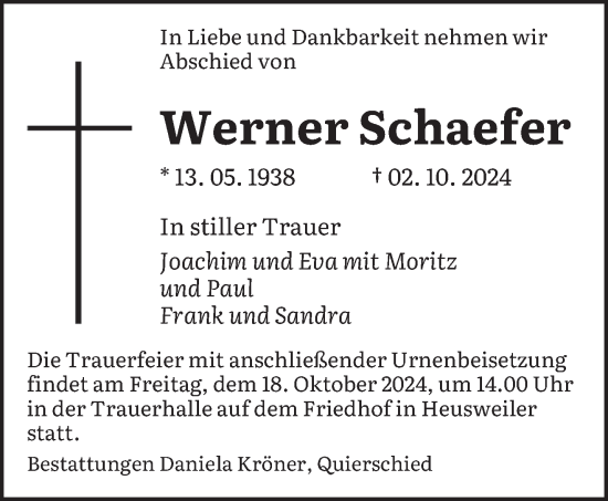 Todesanzeige von Werner Schaefer von saarbruecker_zeitung