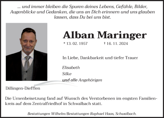 Todesanzeige von Alban Maringer von saarbruecker_zeitung