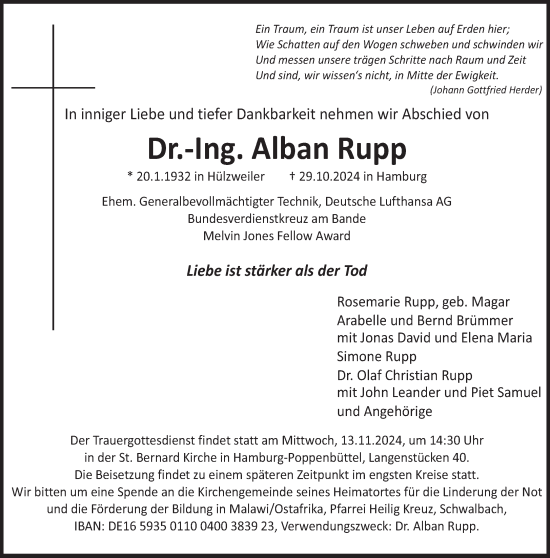 Todesanzeige von Alban Rupp von saarbruecker_zeitung