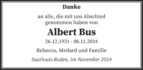 Todesanzeige von Albert Bus von saarbruecker_zeitung