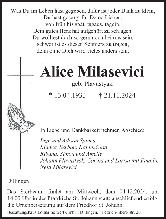 Todesanzeige von Alice Milasevici von saarbruecker_zeitung