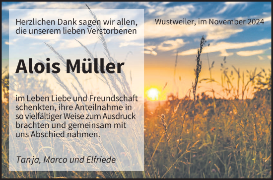 Todesanzeige von Alois Müller von saarbruecker_zeitung