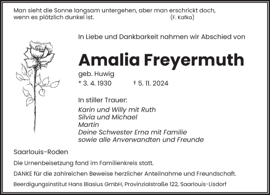 Todesanzeige von Amalia Freyermuth von saarbruecker_zeitung