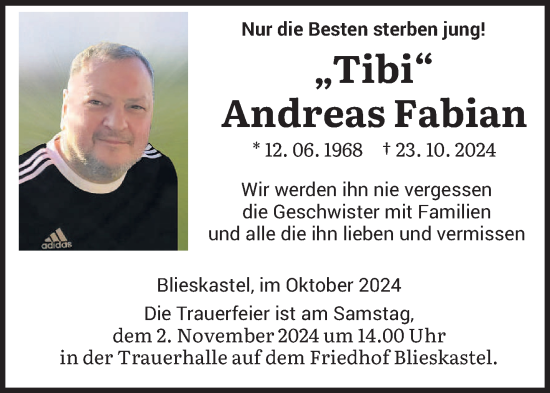 Todesanzeige von Andreas Fabian von saarbruecker_zeitung