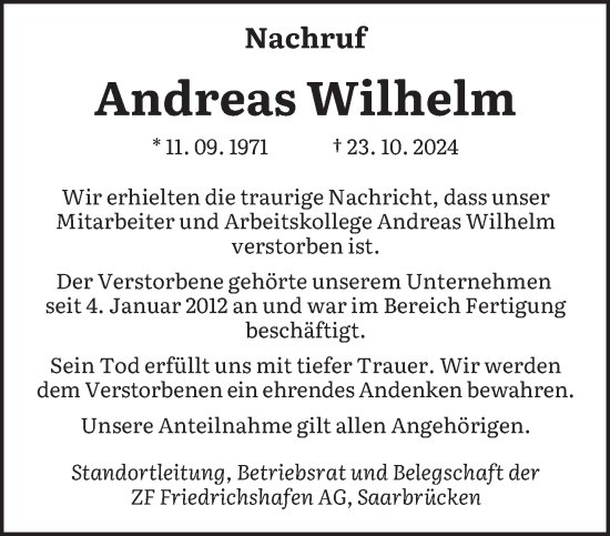 Todesanzeige von Andreas Wilhelm von saarbruecker_zeitung