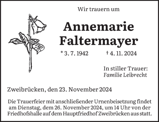 Todesanzeige von Annemarie Faltermayer von saarbruecker_zeitung