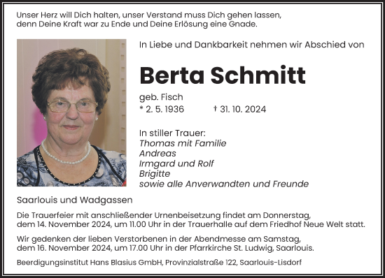 Todesanzeige von Berta Schmitt von saarbruecker_zeitung