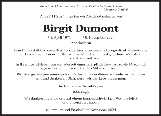 Todesanzeige von Birgit Dumont von saarbruecker_zeitung