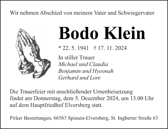 Todesanzeige von Bodo Klein von saarbruecker_zeitung