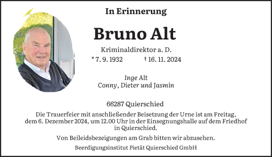 Todesanzeige von Bruno Alt von saarbruecker_zeitung