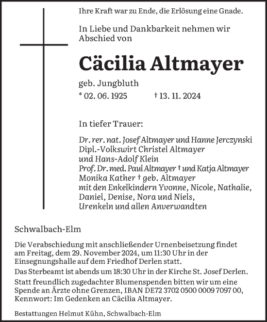 Todesanzeige von Cäcilia Altmayer von saarbruecker_zeitung